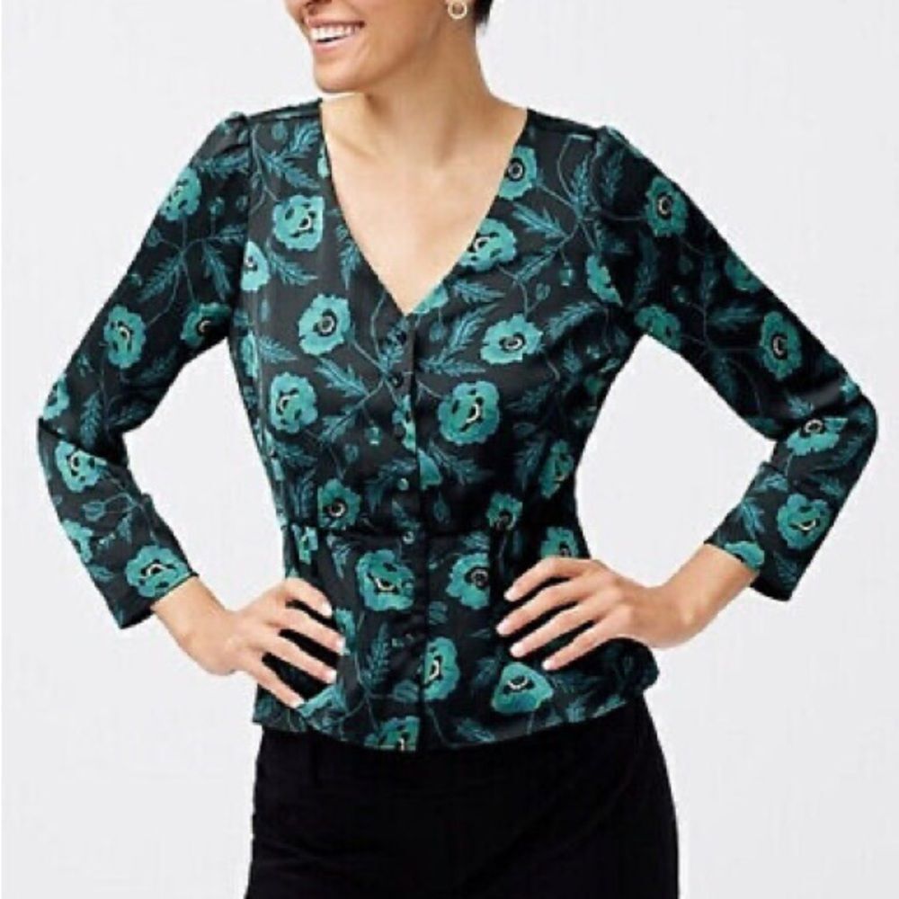 J. Crew green Satin Crepe Peplum Poppy Print Blouse buttons side zip sz 12